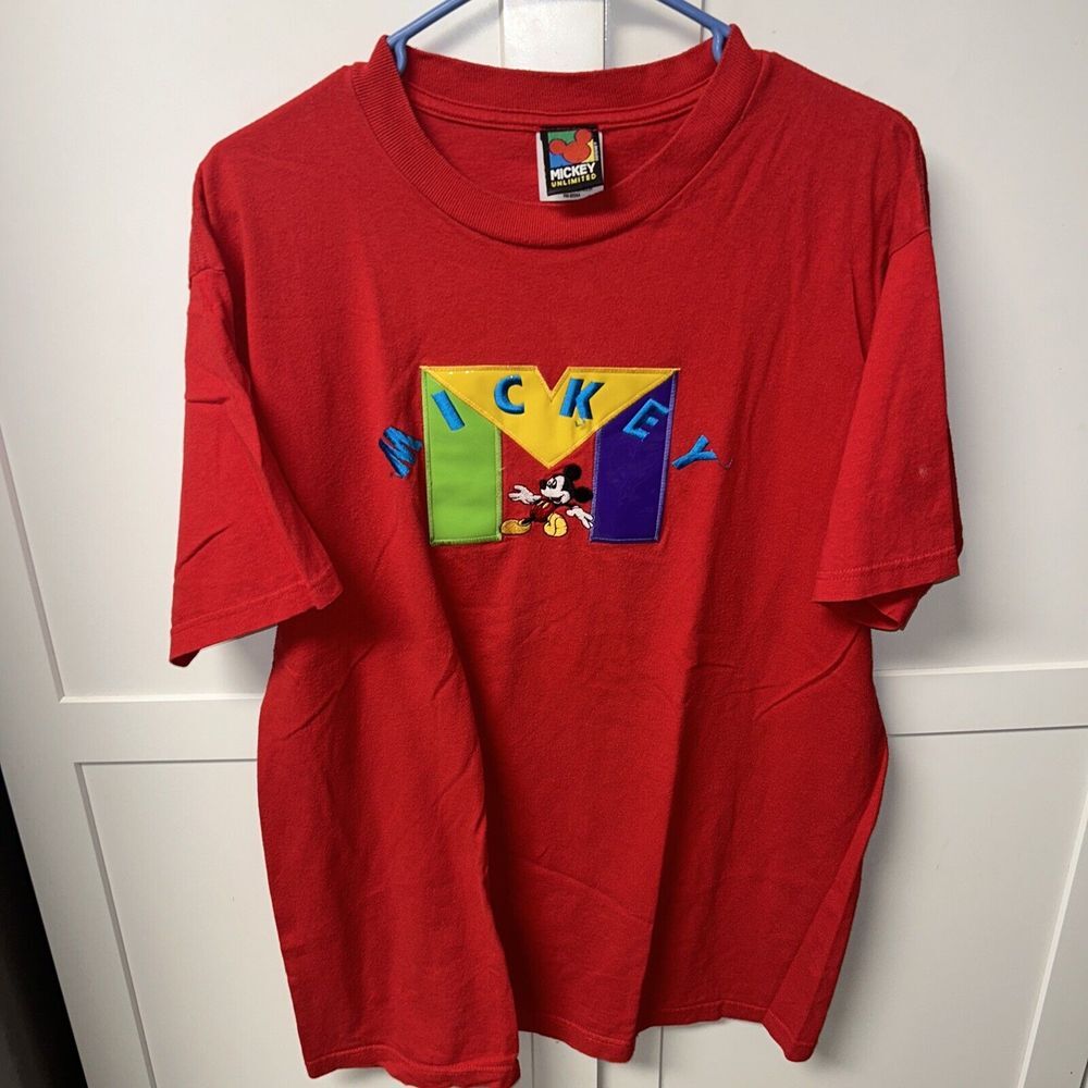Mickey Unlimited Red Men's T-Shirt Size Large Vintage Tag‎ TRY Embroidered
